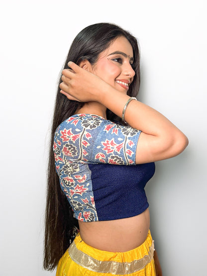 Durga Navy Navratri Ajrakh Mirrorwork and Cowri Latkan Stretchable Readymade Blouse