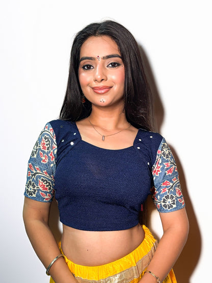 Durga Navy Navratri Ajrakh Mirrorwork and Cowri Latkan Stretchable Readymade Blouse