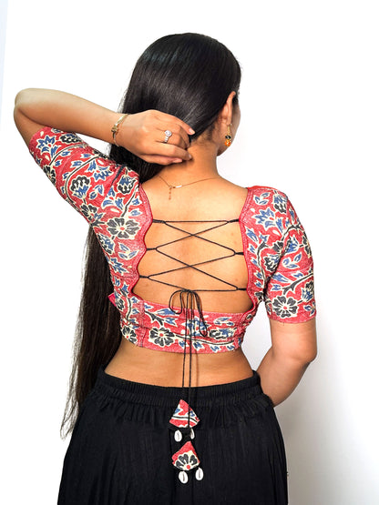 Durga Red Navratri Ajrakh Mirrorwork and Cowri Latkan Stretchable Readymade Blouse
