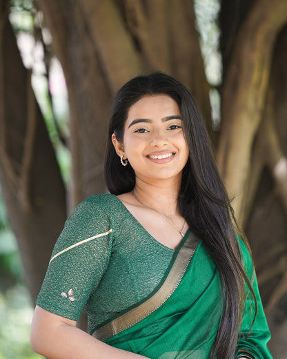 Mira Bottle Green Tissue Zari Organza Panel Saree Blouse Advi