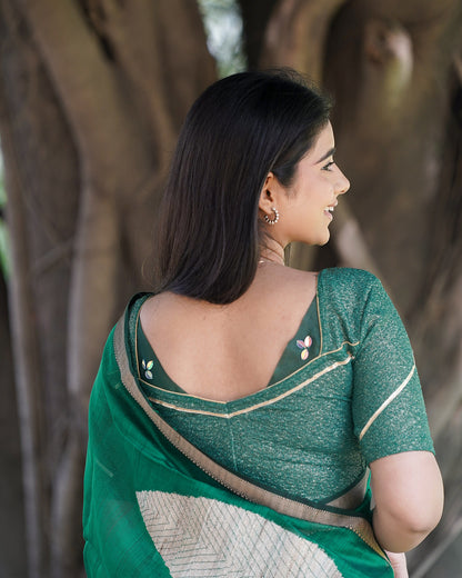 Mira Bottle Green Tissue Zari Organza Panel Saree Blouse Advi