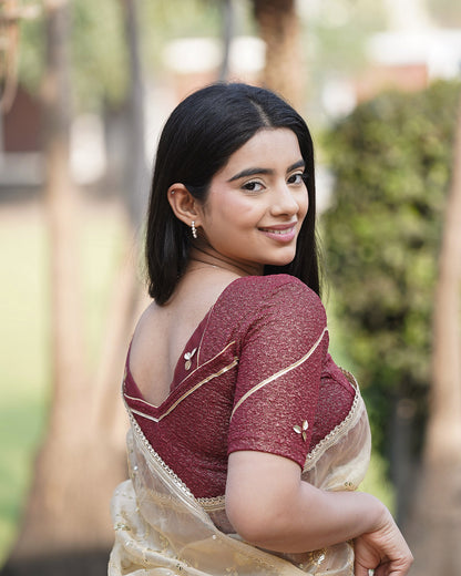 Mira Maroon Tissue Zari Organza Panel Saree Blouse Advi