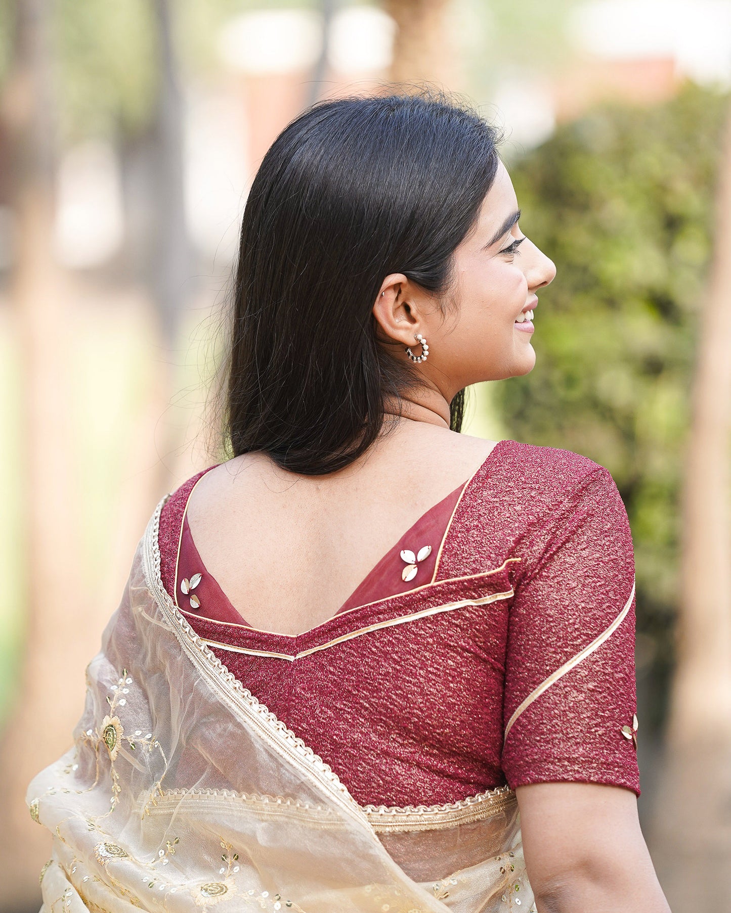 Mira Maroon Tissue Zari Organza Panel Saree Blouse Advi
