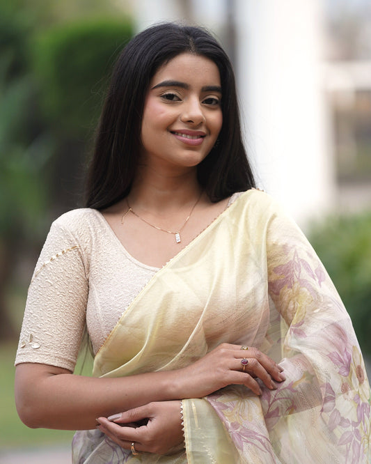 Mira Cream Tissue Zari Organza Panel Saree Blouse Advi