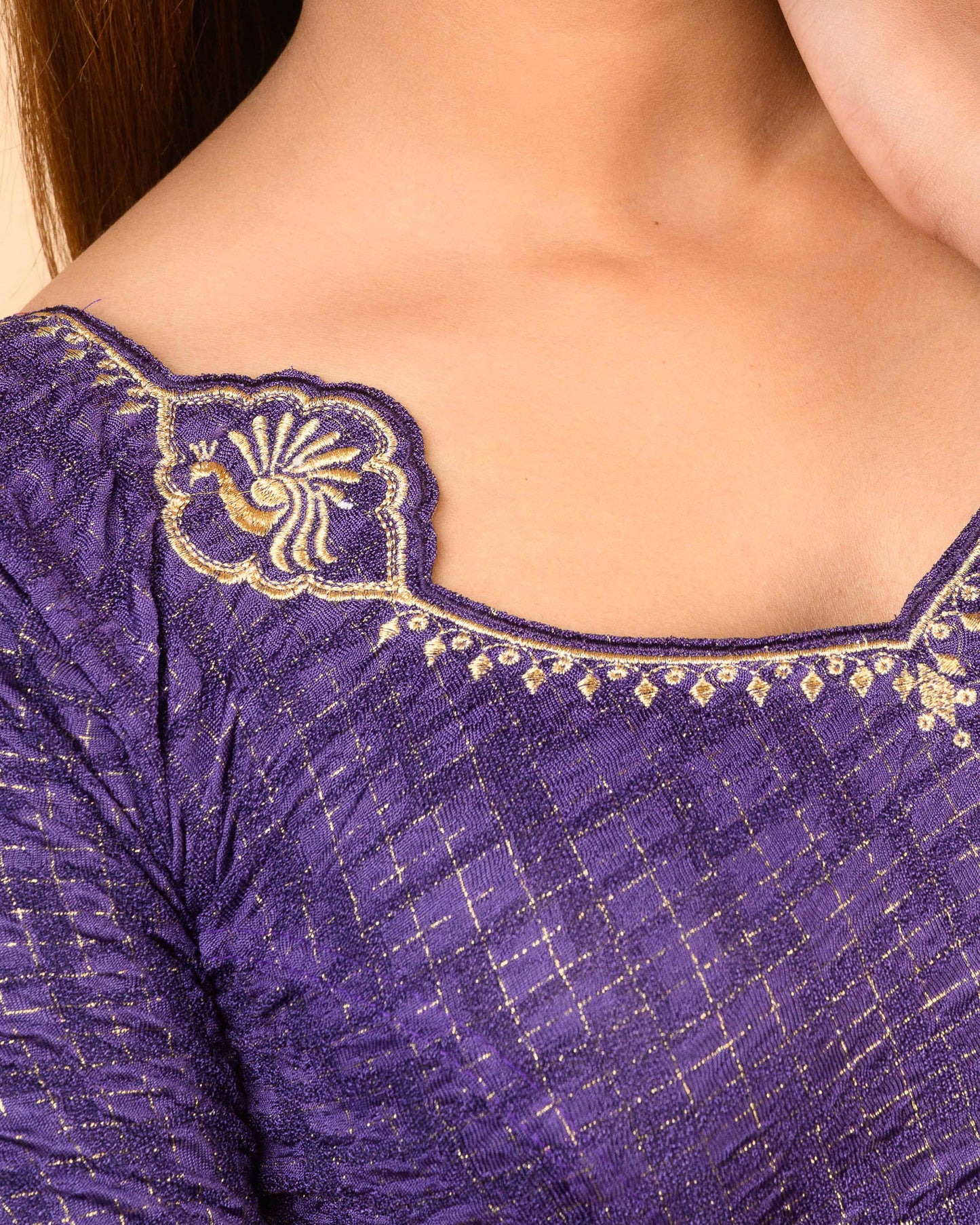 Morpankh Purple Zari Embroidered Designer Neck Saree Blouse Advi