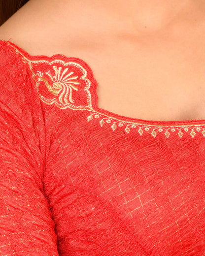 Morpankh Dark Red Zari Embroidered Designer Neck Saree Blouse Advi