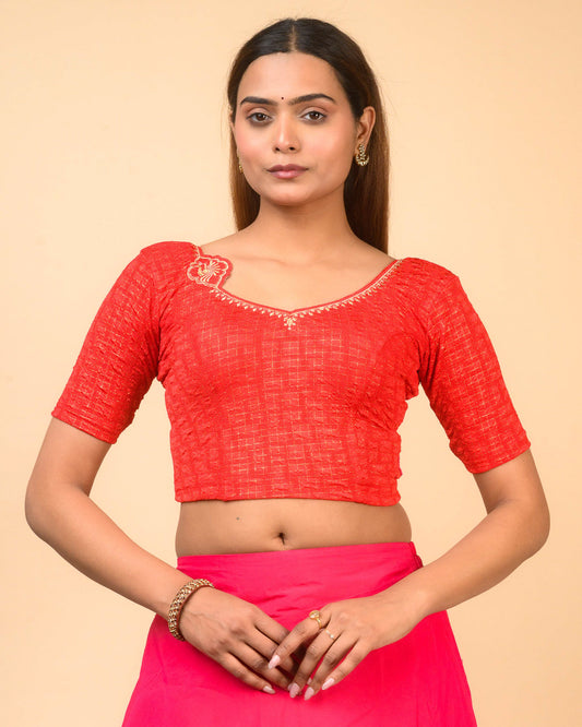 Morpankh Dark Red Zari Embroidered Designer Neck Saree Blouse Advi