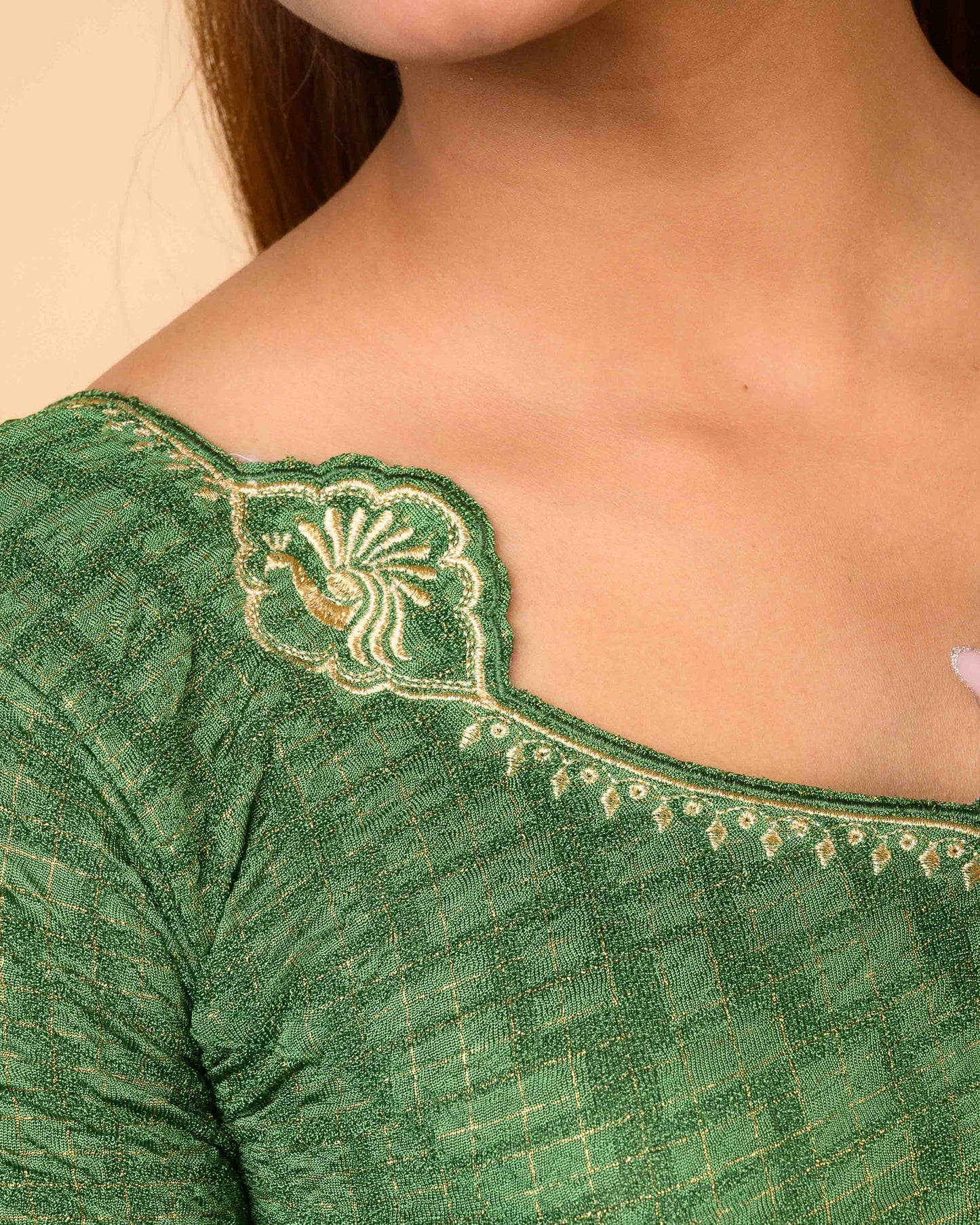 Morpankh Bottle Green Zari Embroidered Designer Neck Saree Blouse Advi