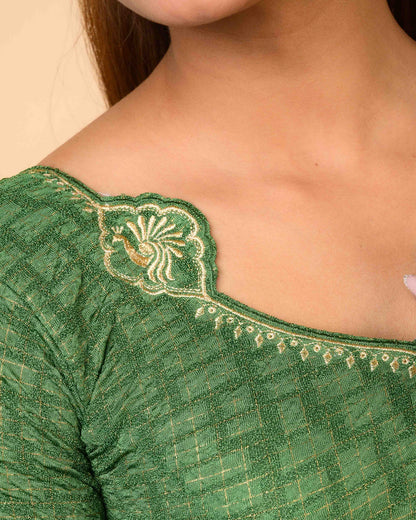 Morpankh Bottle Green Zari Embroidered Designer Neck Saree Blouse Advi