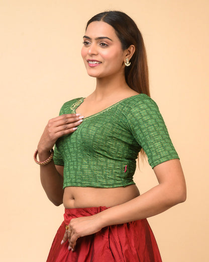 Morpankh Bottle Green Zari Embroidered Designer Neck Saree Blouse Advi