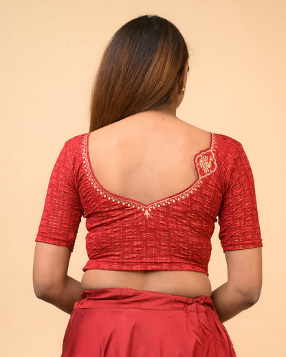 Morpankh Maroon Zari Embroidered Designer Neck Saree Blouse Advi
