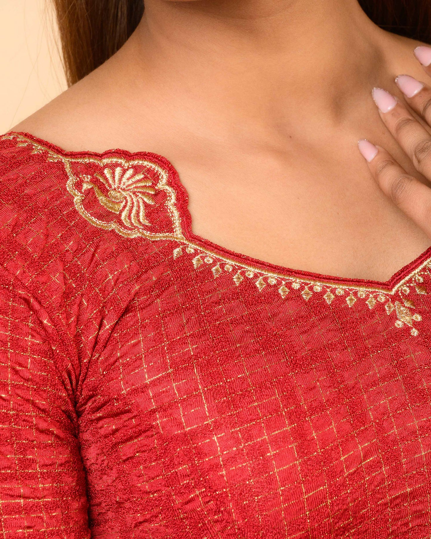 Morpankh Maroon Zari Embroidered Designer Neck Saree Blouse Advi