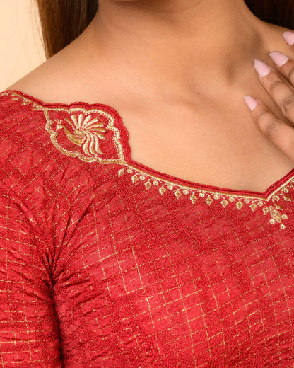 Morpankh Maroon Zari Embroidered Designer Neck Saree Blouse Advi