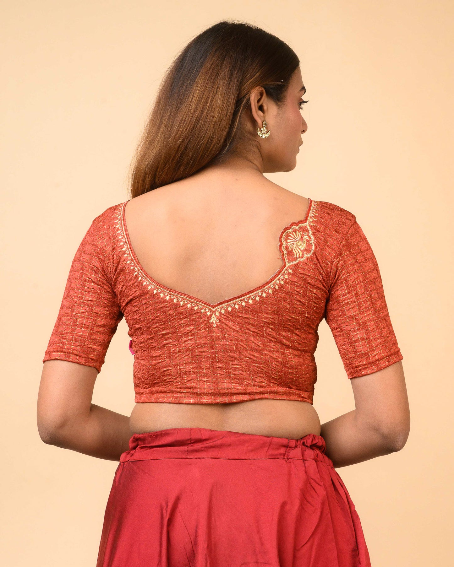 Morpankh Rust Zari Embroidered Designer Neck Saree Blouse Advi