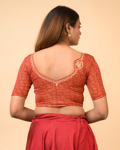 Morpankh Rust Zari Embroidered Designer Neck Saree Blouse Advi