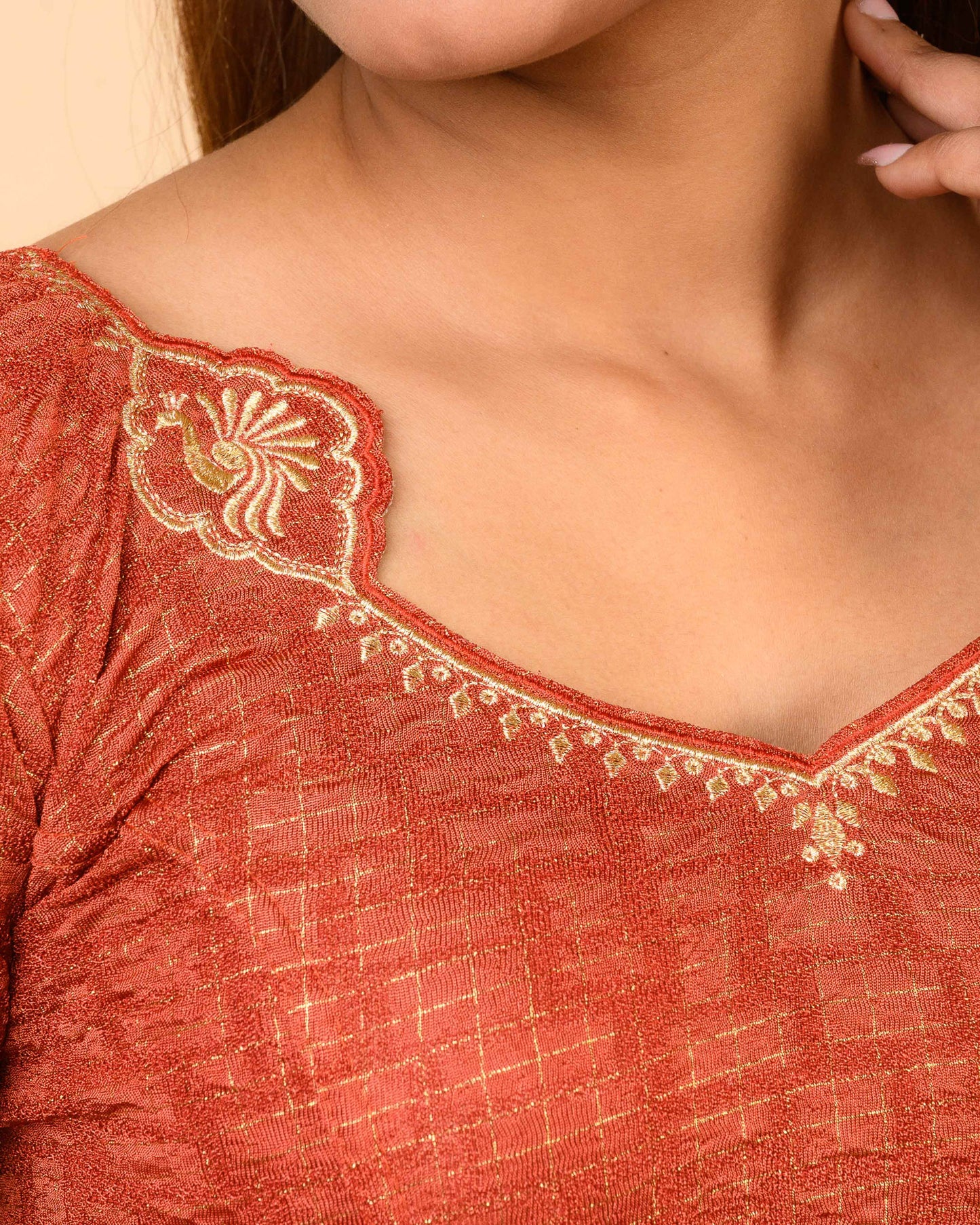 Morpankh Rust Zari Embroidered Designer Neck Saree Blouse Advi