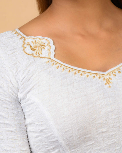Morpankh White Zari Embroidered Designer Neck Saree Blouse Advi