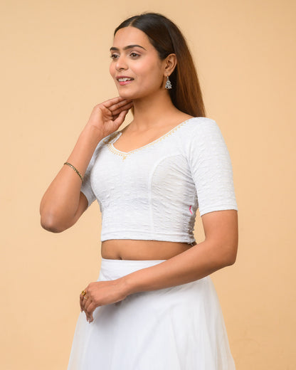 Morpankh White Zari Embroidered Designer Neck Saree Blouse Advi