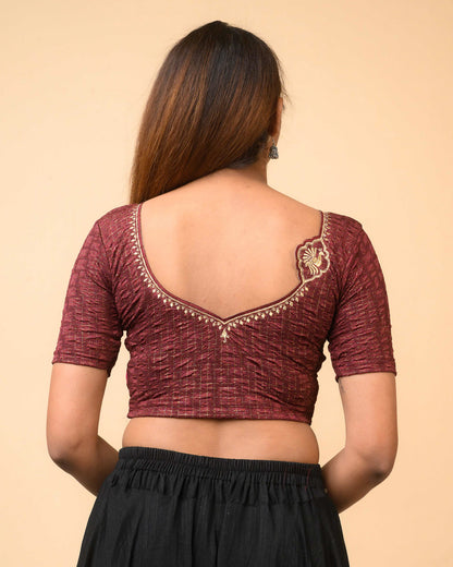 Morpankh Wine Zari Embroidered Designer Neck Saree Blouse Advi