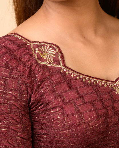 Morpankh Wine Zari Embroidered Designer Neck Saree Blouse Advi