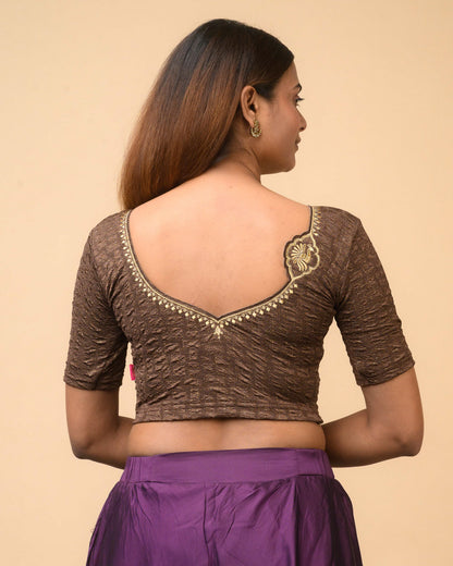 Morpankh Coffee Zari Embroidered Designer Neck Saree Blouse Advi