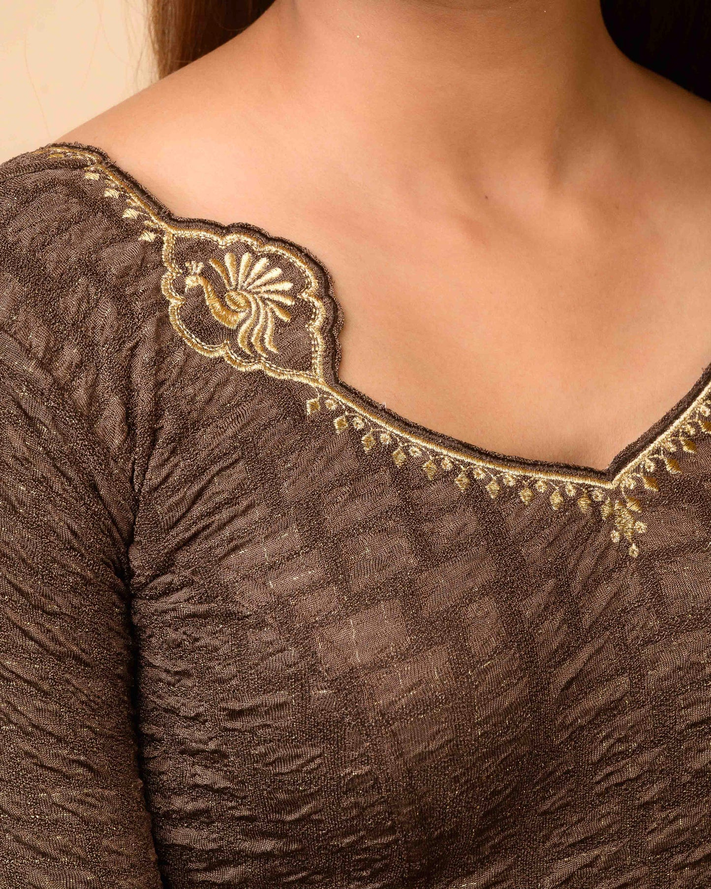 Morpankh Coffee Zari Embroidered Designer Neck Saree Blouse Advi