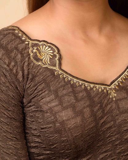 Morpankh Coffee Zari Embroidered Designer Neck Saree Blouse Advi