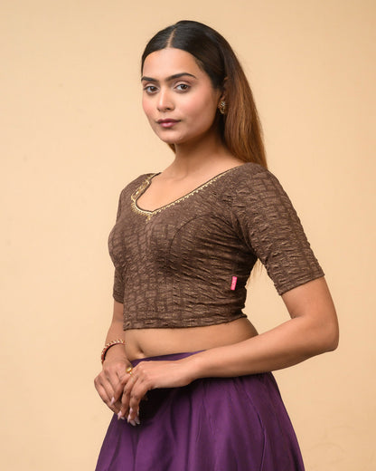 Morpankh Coffee Zari Embroidered Designer Neck Saree Blouse Advi