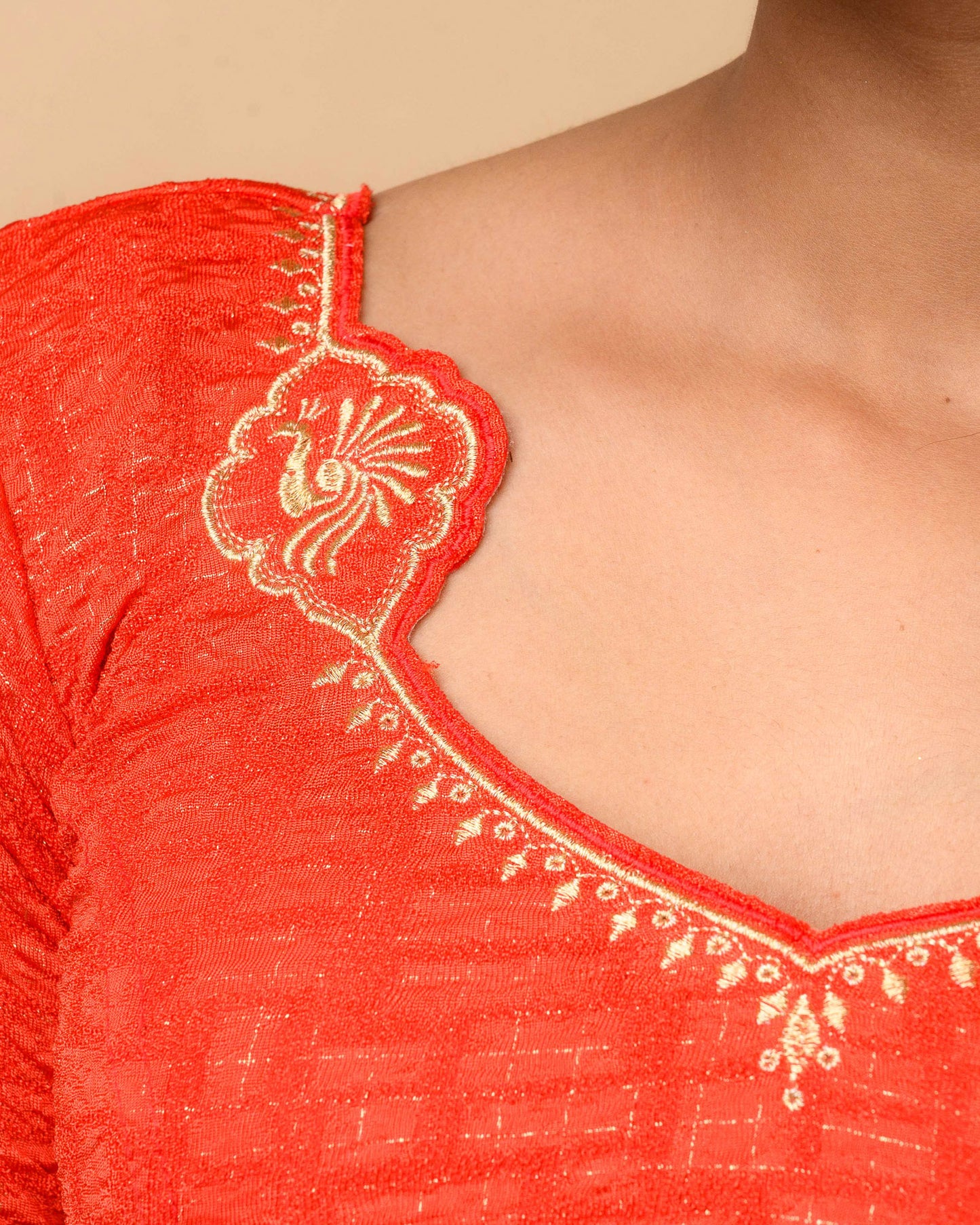 Morpankh Red Zari Embroidered Designer Neck Saree Blouse Advi