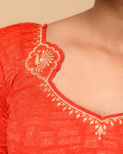 Morpankh Red Zari Embroidered Designer Neck Saree Blouse Advi