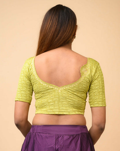 Morpankh Light Mehendi Zari Embroidered Designer Neck Saree Blouse Advi