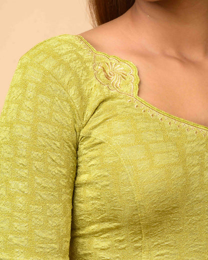 Morpankh Light Mehendi Zari Embroidered Designer Neck Saree Blouse Advi