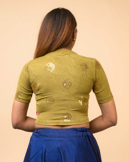 Gulabo Mehendi Green Sequin High-Neck Blouse