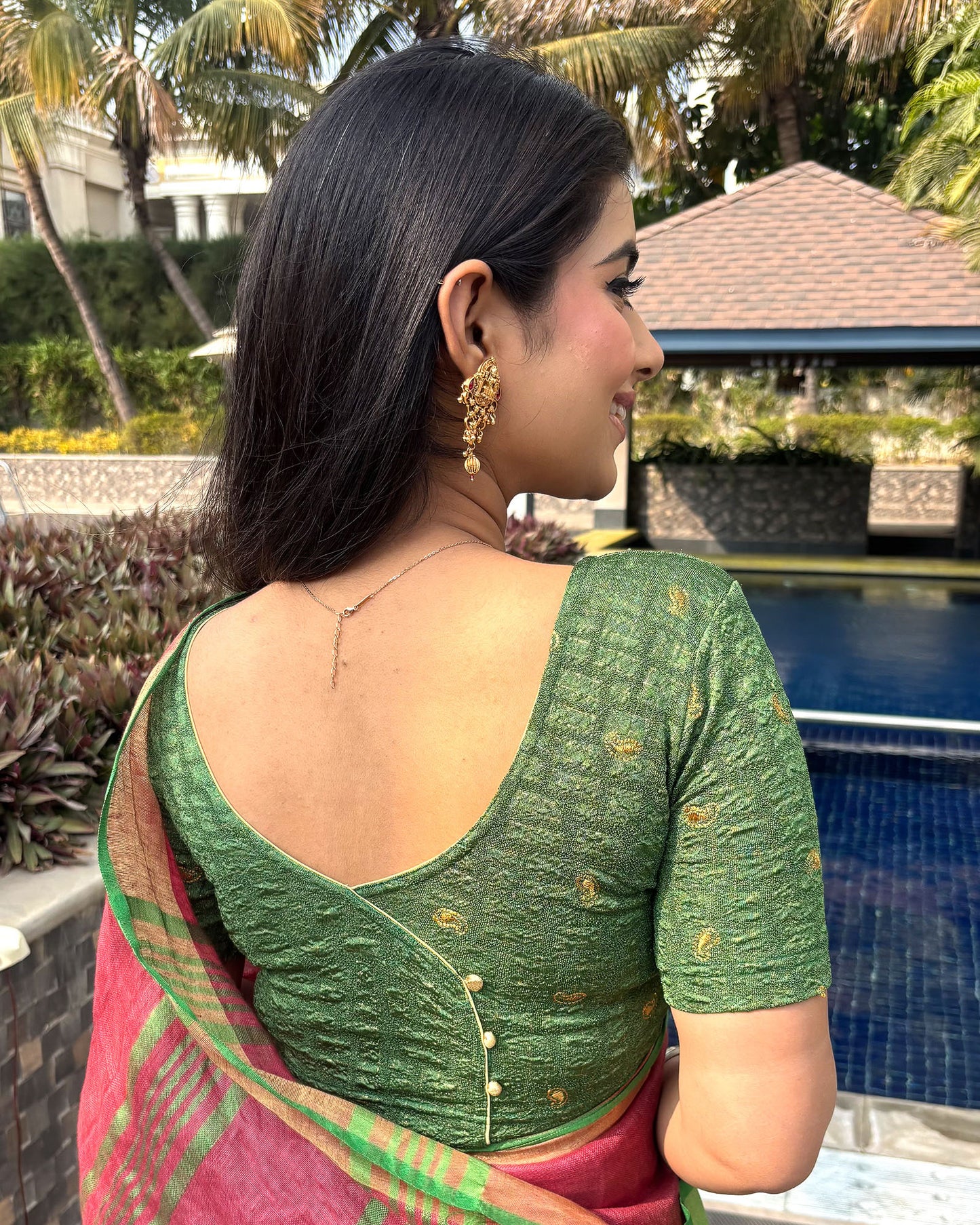 Sona Bottle Green Foil Checkered Resham Work Saree Blouse Advi