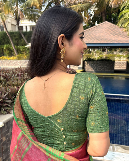 Sona Bottle Green Foil Checkered Resham Work Saree Blouse Advi