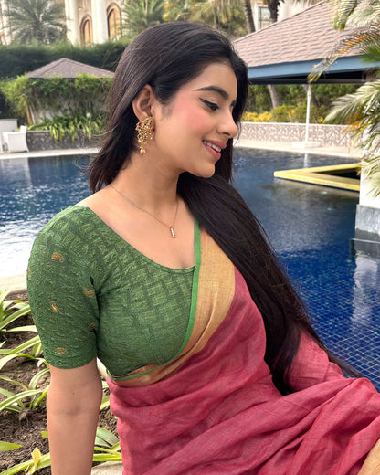 Sona Bottle Green Foil Checkered Resham Work Saree Blouse Advi