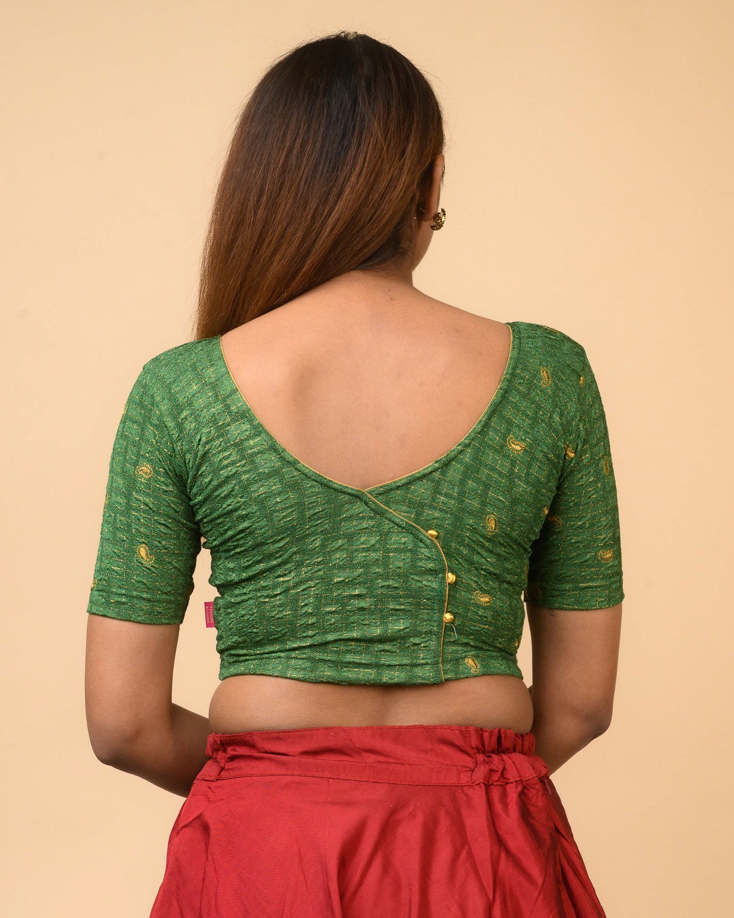 Sona Bottle Green Foil Checkered Resham Work Saree Blouse Advi