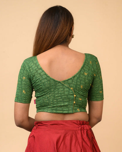 Sona Bottle Green Foil Checkered Resham Work Saree Blouse Advi