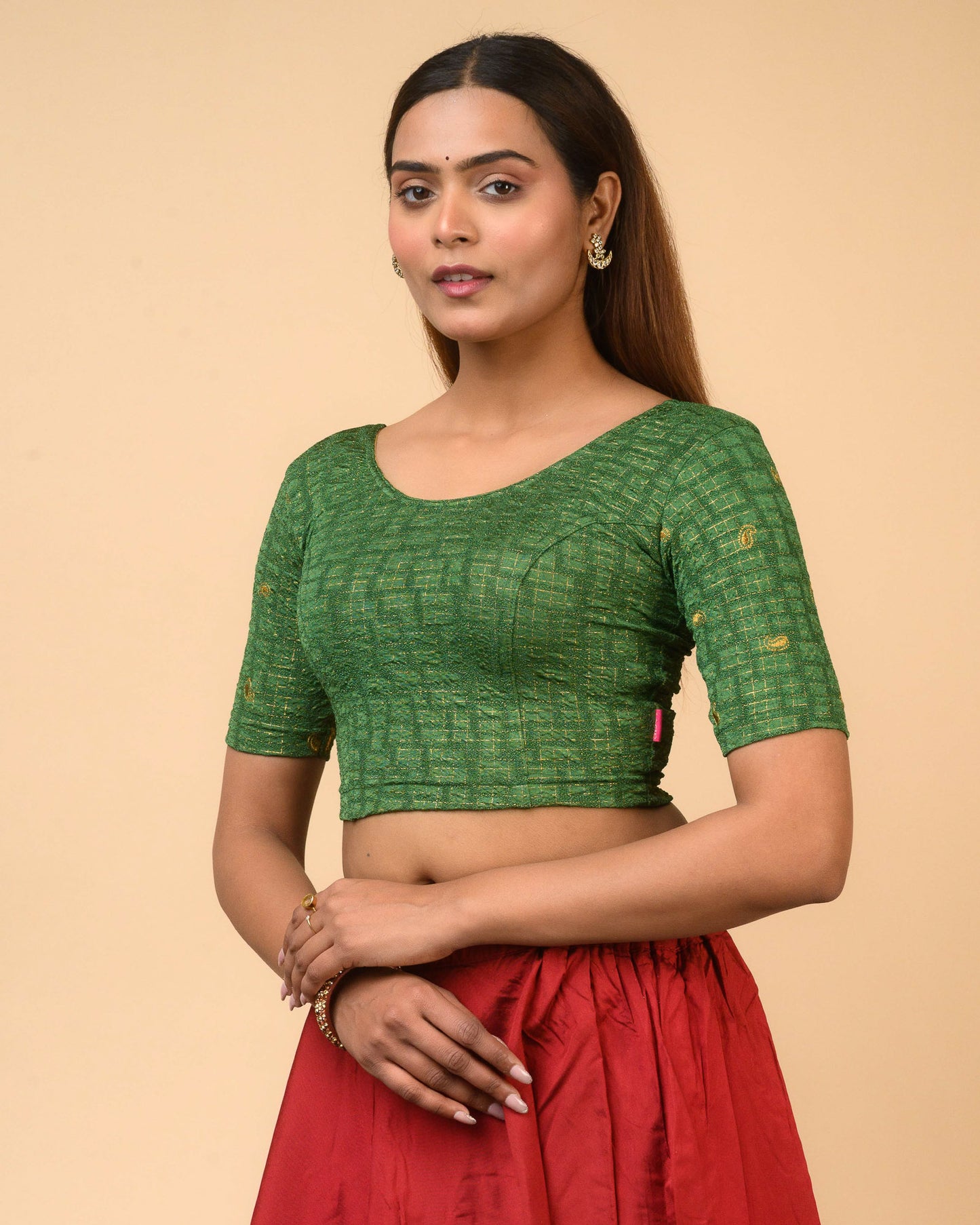 Sona Bottle Green Foil Checkered Resham Work Saree Blouse Advi