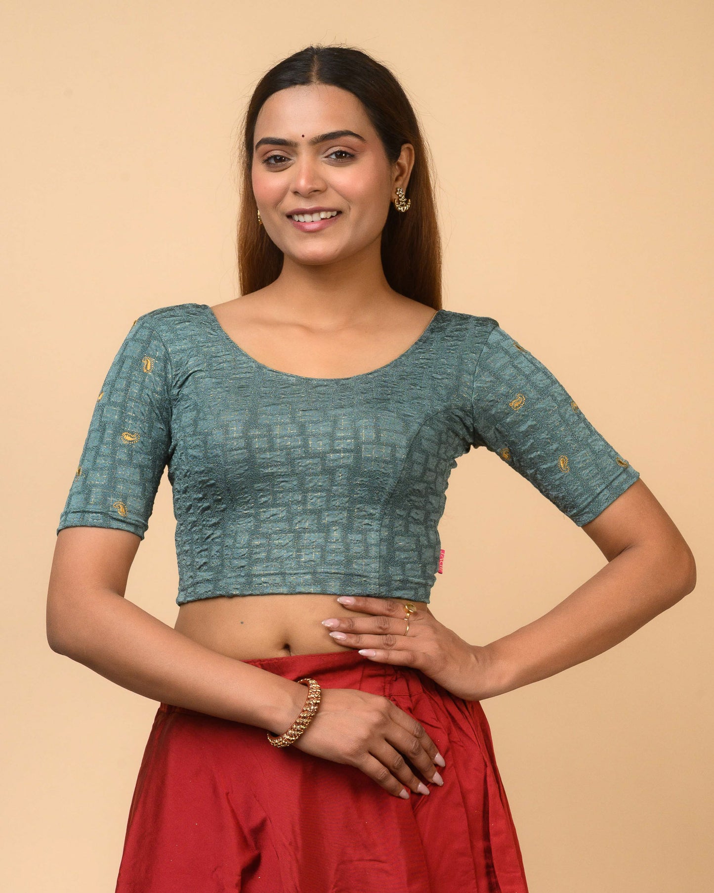 Sona Sea Green Foil Checkered Resham Work Saree Blouse Advi