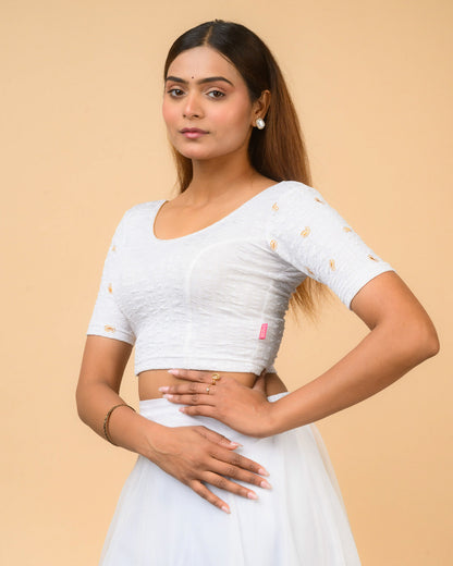 Sona White Foil Checkered Resham Work Saree Blouse Advi