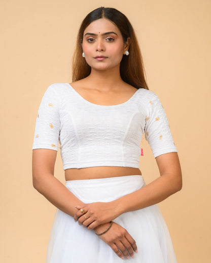 Sona White Foil Checkered Resham Work Saree Blouse Advi