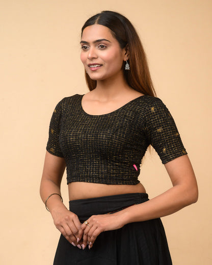 Sona Black Foil Checkered Resham Work Saree Blouse Advi