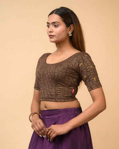 Sona Coffee Foil Checkered Resham Work Saree Blouse Advi