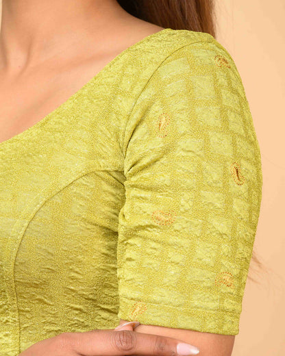 Sona Light Mehendi  Foil Checkered Resham Work Saree Blouse Advi