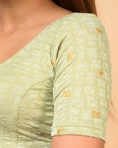 Sona Olive Foil Checkered Resham Work Saree Blouse Advi