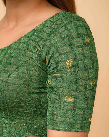 Sona Bottle Green Foil Checkered Resham Work Saree Blouse Advi