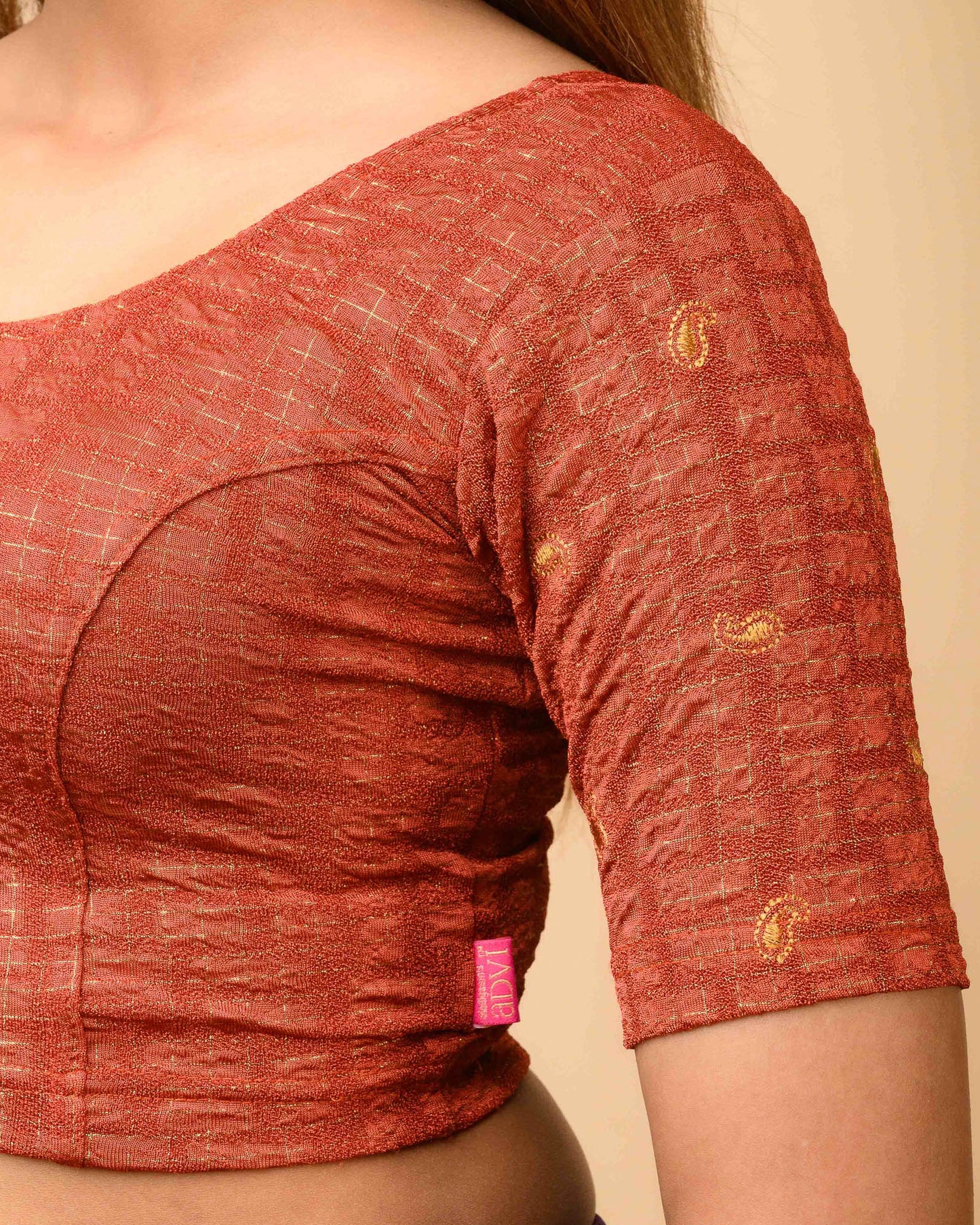 Sona Rust Foil Checkered Resham Work Saree Blouse Advi