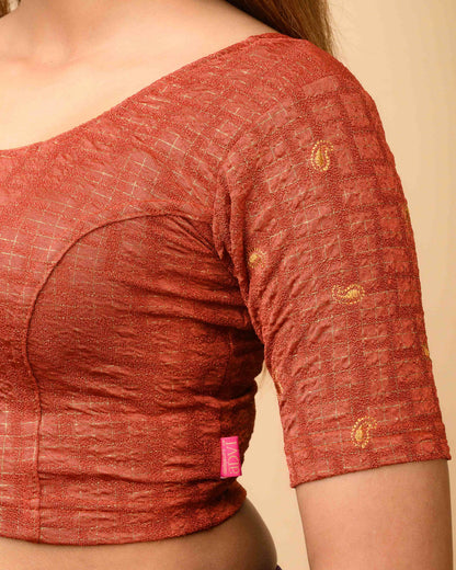 Sona Rust Foil Checkered Resham Work Saree Blouse Advi