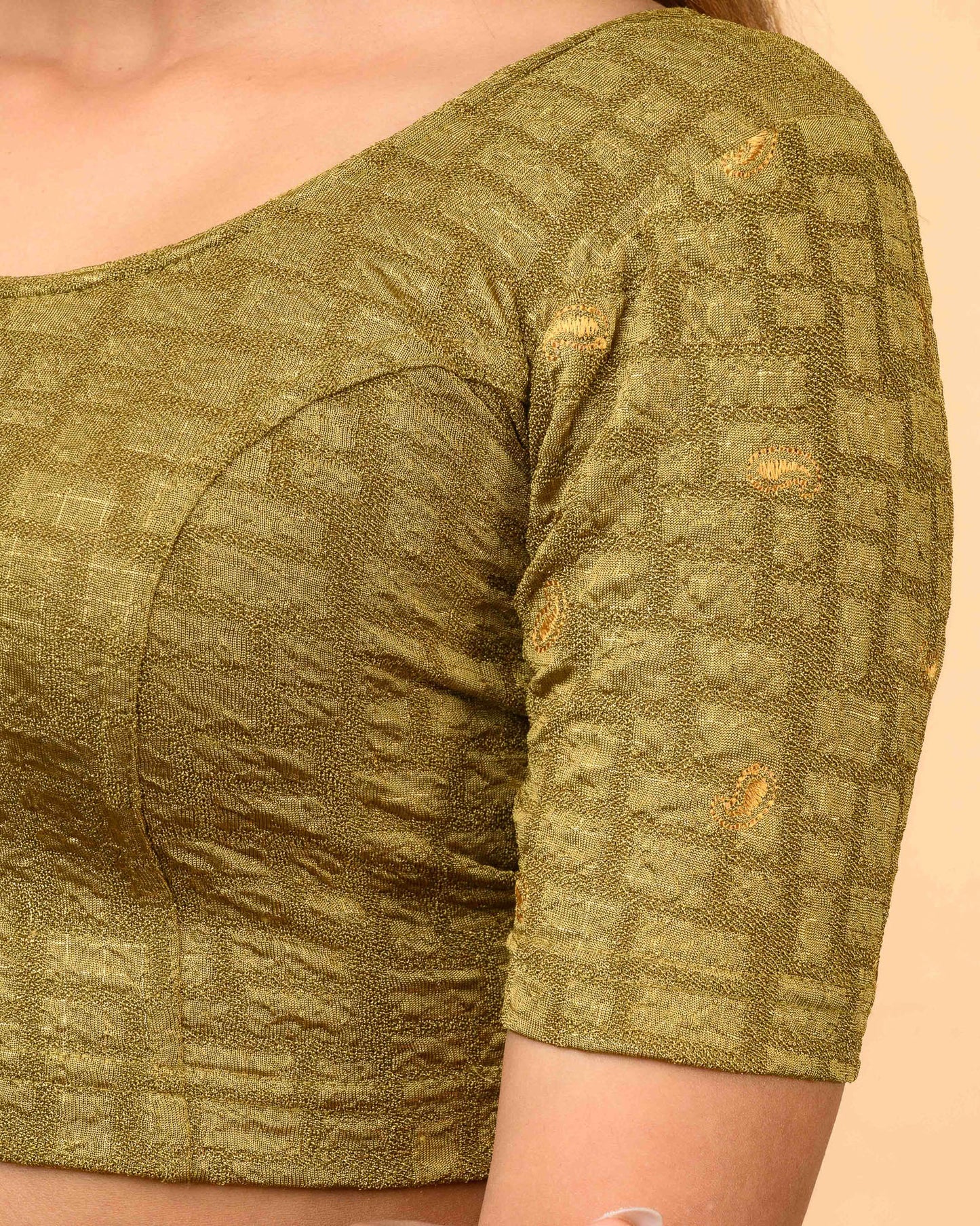 Sona  Mehendi Green Foil Checkered Resham Work Saree Blouse Advi